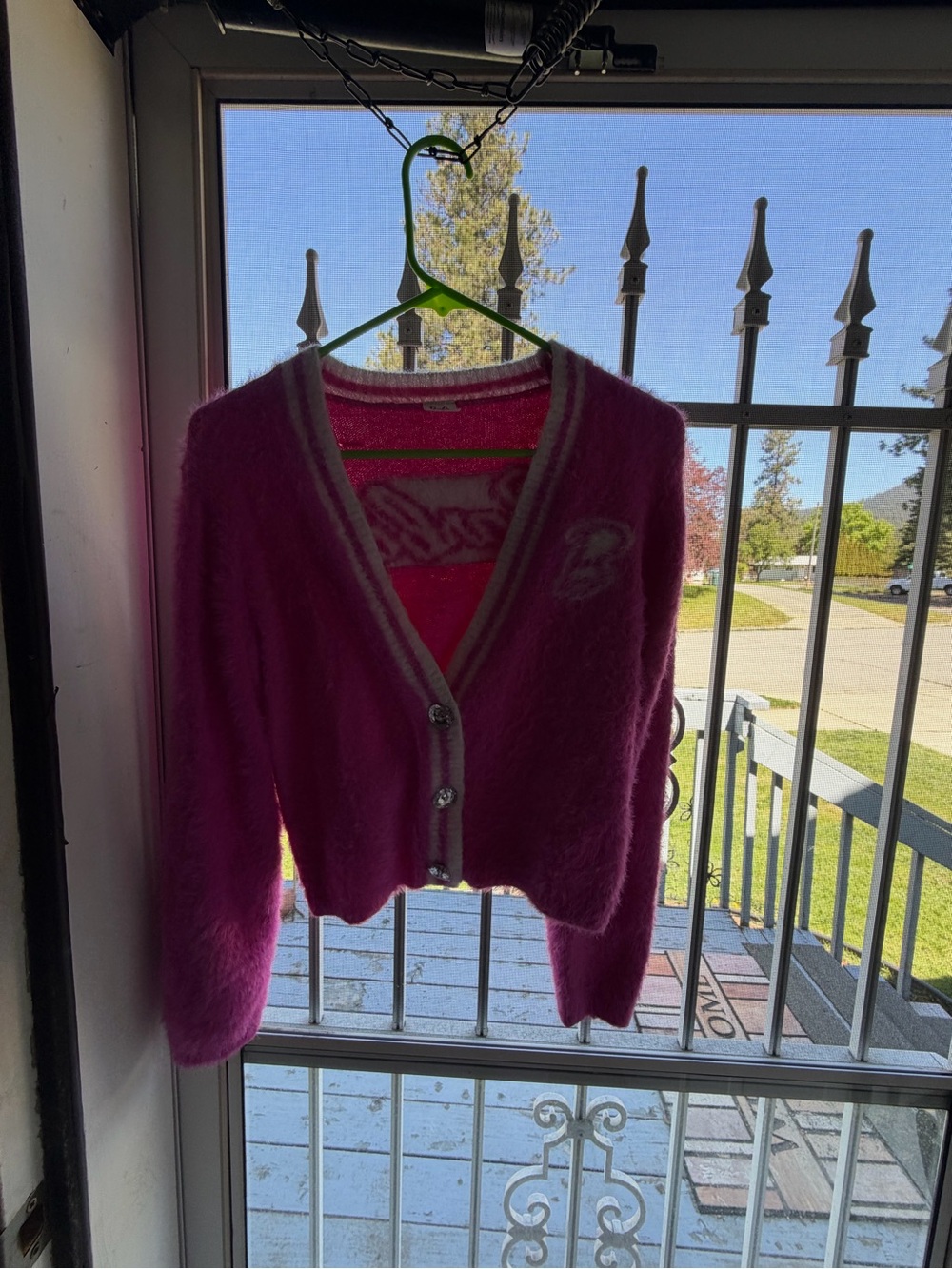 Barbie Hot Pink Fuzzy V-Neck Button Cardigan